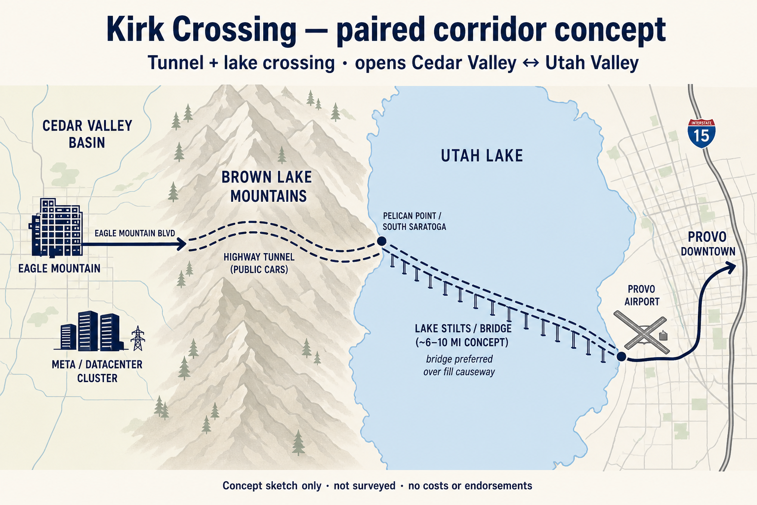Concept map from Eagle Mountain Boulevard through Lake Mountain and across Utah Lake to Provo Airport and downtown